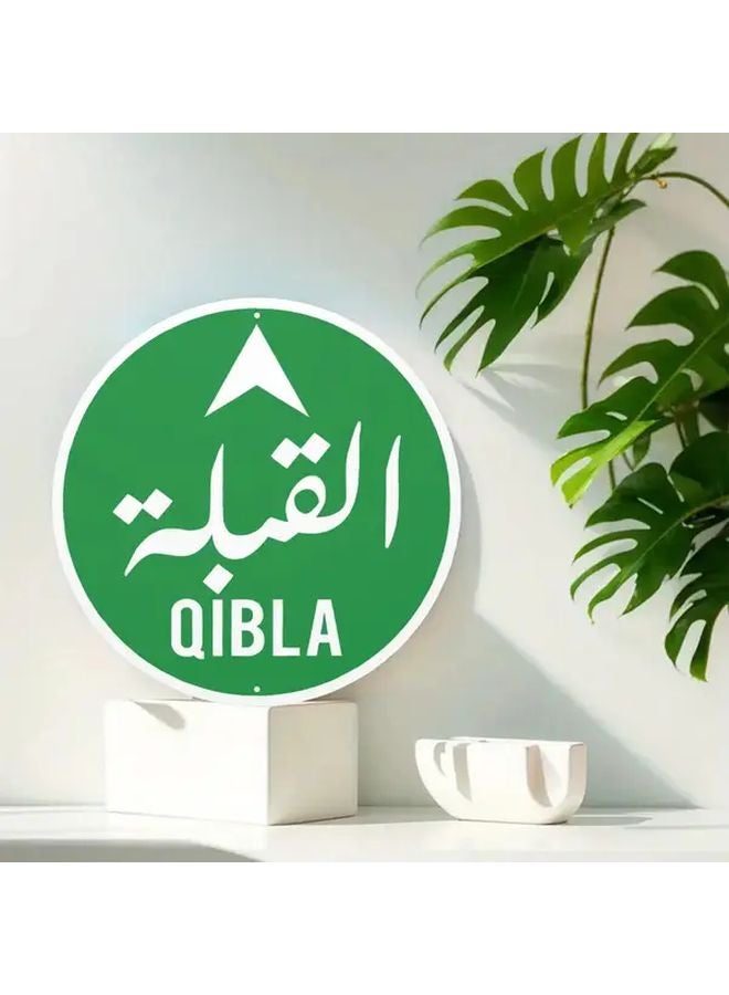 Vintage Arabic Qibla Round Wooden Wall Decor Hanging 8x8 Inch Islamic Prayer Direction Indicator Green And White Design - Image 4